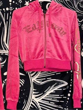 Ed Hardy Hot Pink Velour Zip Hoodie with Gold Accent